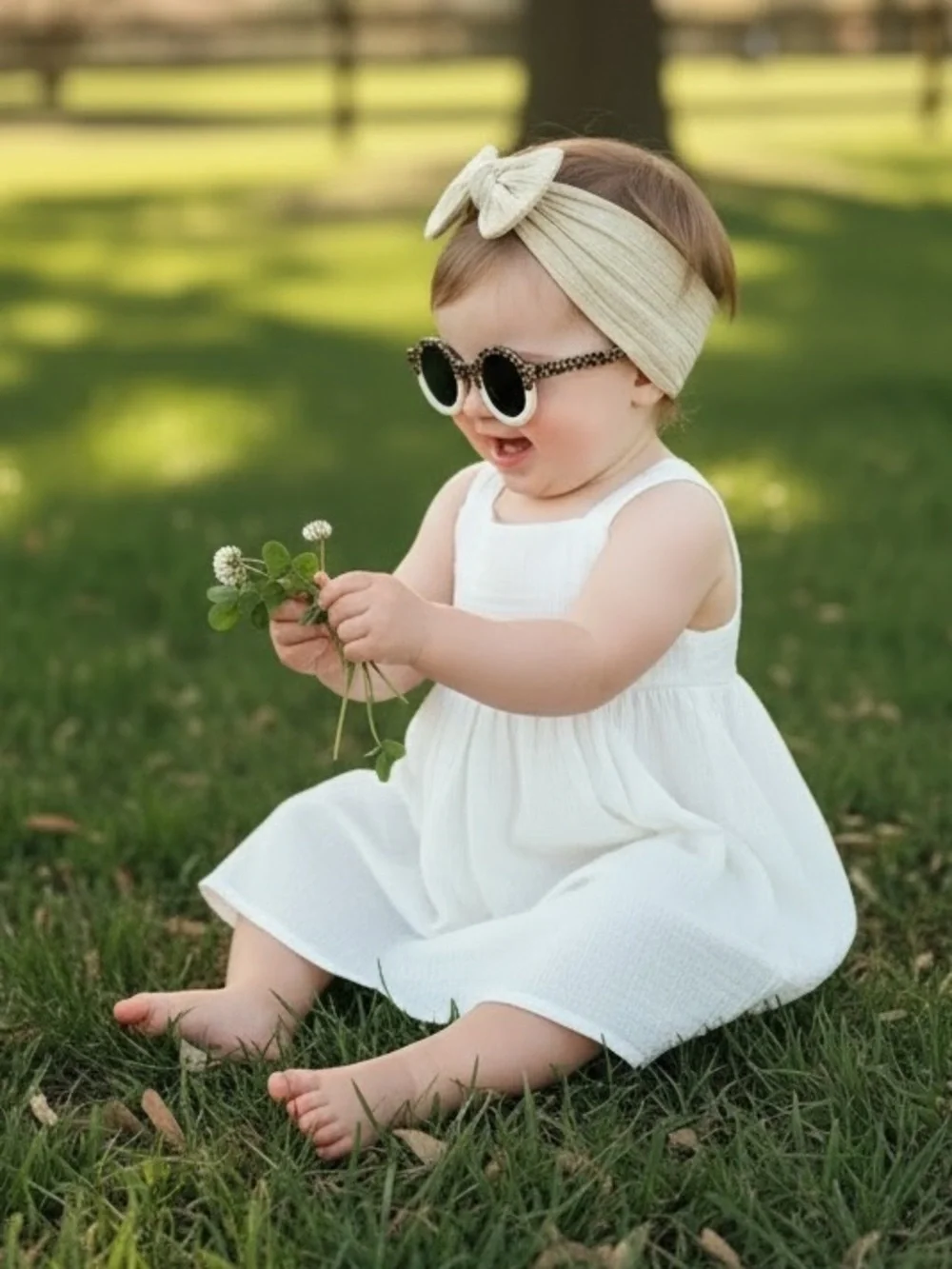 Kids Cream Bow Headband - And Leopard Retro Style prints Sunglasses Set